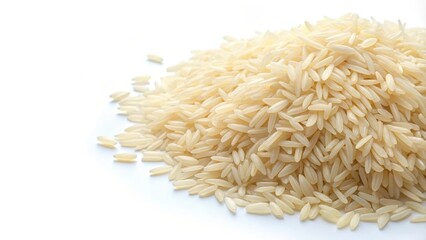 Freshly harvested polished long raw rice grains on a white background, raw rice
