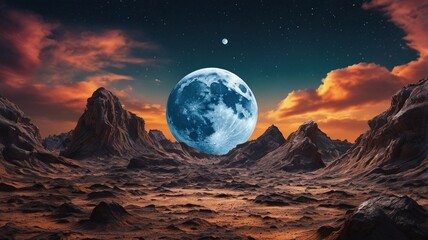 An ethereal moon beckons in the foreground, its craters and rugged terrain magnified to an extreme closeup. 