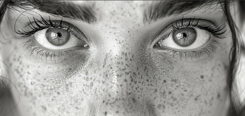 Close Up, Black And White Portrait. Young Woman With Freckles Gazing Directly At Camera.