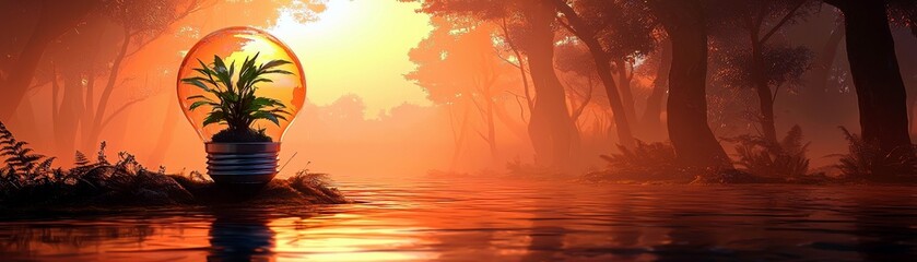 Tranquil Sunset Over Water with a Unique Light Bulb Planter Reflecting Nature's Beauty in a Serene Forest Setting