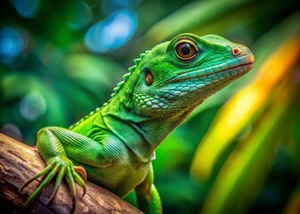 Obraz premium Green Lizard on Branch, Long Exposure Nature Photography - Stock Image