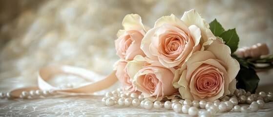 Obraz premium A bouquet of blush pink roses tied with a silk ribbon leaving space for text close up romantic theme elegant manipulation bridal bouquet backdrop
