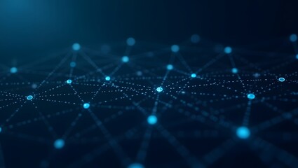 Fototapeta premium Blue glowing data grid with connected points on a dark background. Ideal for blockchain, IoT, cloud computing, and AI themes. Perfect for futuristic digital branding and modern tech visuals.