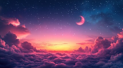 Fototapeta premium A serene night sky filled with stars and a crescent moon over colorful clouds at sunset.