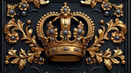 Gold crown with ornate floral design on black background.