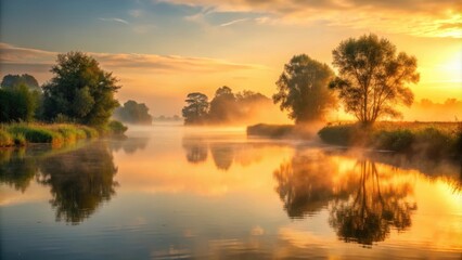 Obraz premium Soft golden light illuminates serene river landscape at dawn, with misty atmosphere and reflections on water , mist, river