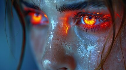 Close Up of Woman With Glowing Eyes And Dirt On Face gritty futuristic warrior woman