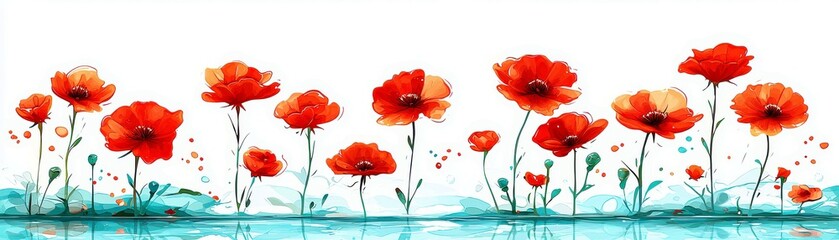 Obraz premium Vibrant Red Poppies Blooming Along a Serene Water Surface with Gentle Reflections and a Background of Soft Colors in a Whimsical Style