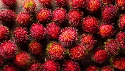 Fototapeta premium Flat Lay Top View of Bright Ripe Fragrant Red Rambutan Fruit as Background