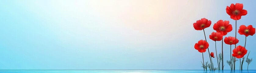 Obraz premium Vibrant Red Flowers Against Serene Blue Sky and Water Reflection in a Peaceful Nature Scene for Relaxation and Inspiration