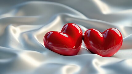 3D illustration of two red hearts on a smooth white silk cloth against a sleek gray background, symbolizing love and romance. Perfect for Valentine's Day, weddings, and romantic-themed projects.
