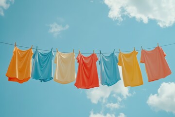 Colorful shirts hanging on a clothesline outdoors. Perfect for concepts of laundry, freshness, and summer.