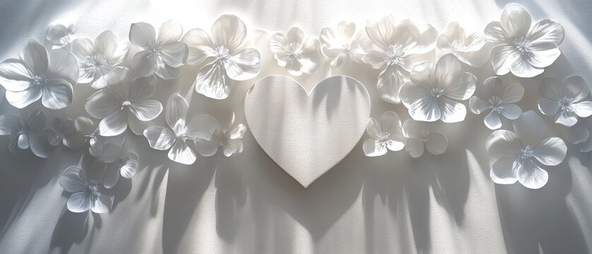 A serene composition of white flowers framing a heart shape with soft light effects.