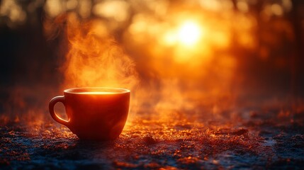 Obraz premium Warm drink in cup at sunset.