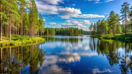 Fototapeta premium Tranquil lake in the Finnish wilderness surrounded by tall pine trees and lush greenery, Serene, Summer, Serene,Summer