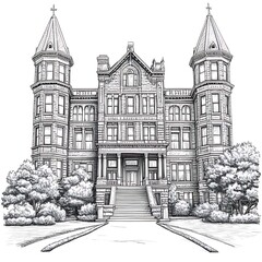 Obraz premium Architectural Sketch of a Grand Victorian-Era Mansion with Twin Towers.