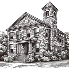 Obraz premium Intricate Black and White Line Drawing of a Stone Schoolhouse with a Bell Tower.