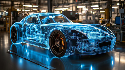 Obraz premium Futuristic sports car with holographic blueprint overlay in high-tech automotive lab