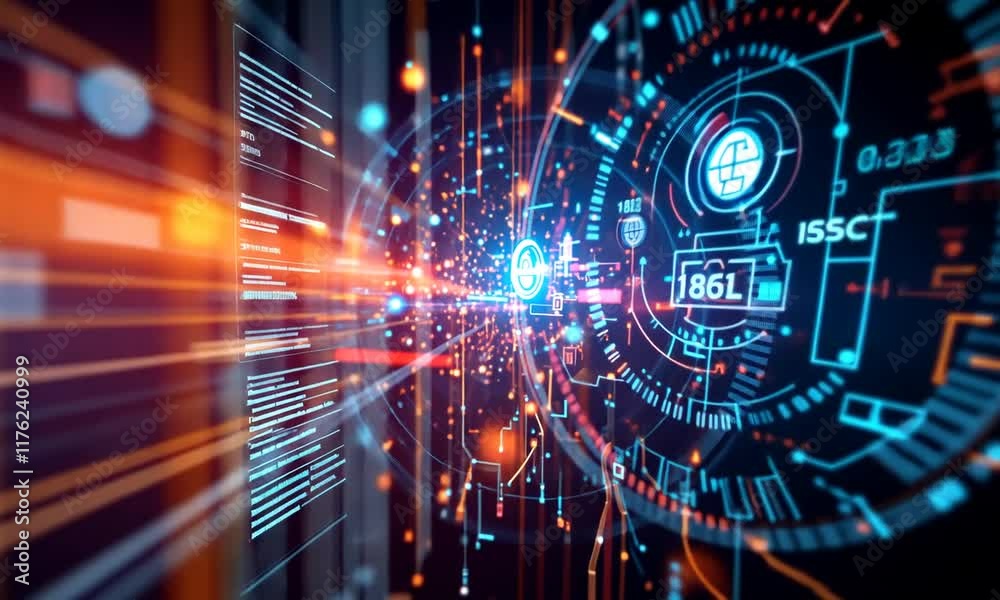 Poster abstract digital data streams and futuristic technology interface.