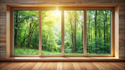 A wooden sliding window with a soft focus effect, set against a blurred background of trees and foliage in a forest setting , home renovation, interior design elements