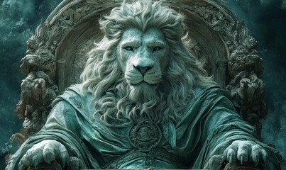Obraz premium A majestic lion with a regal presence sits on a throne, embodying strength and nobility.
