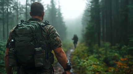 Fototapeta premium Vigilant Ranger Navigating Misty Forest,Alert and Prepared with Tactical Gear