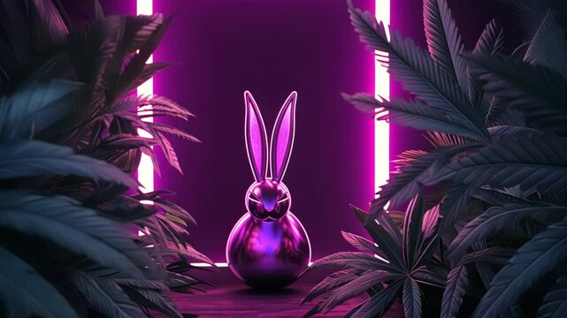 Pushing between marijuana plants towards shiny Easter bunny sculpture bathed in violet light with vertical neon violet lights for legal cannabis advertisement.
