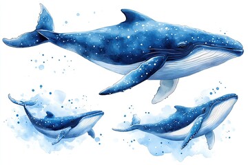 Fototapeta premium A watercolor illustration of three whales swimming in a blue ocean setting.