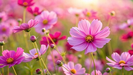 Field of cosmos flowers with bright pink petals and yellow centers, swaying gently in the breeze