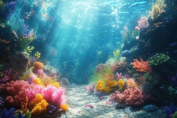 Underwater Scene with Vibrant Coral Reef and Sunbeams