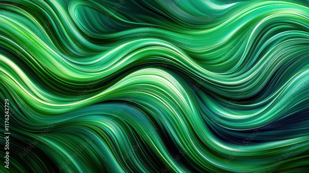 Poster abstract flowing waves of green hues with smooth gradients creating a serene and tranquil visual eff
