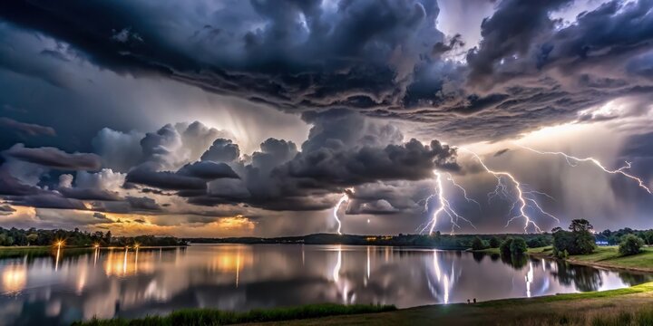 Dark grey thunderstorm clouds gather over central Florida's rolling hills and lakes, with flashes of lightning illuminating the eerie sky , outdoor scenes, lighting effects