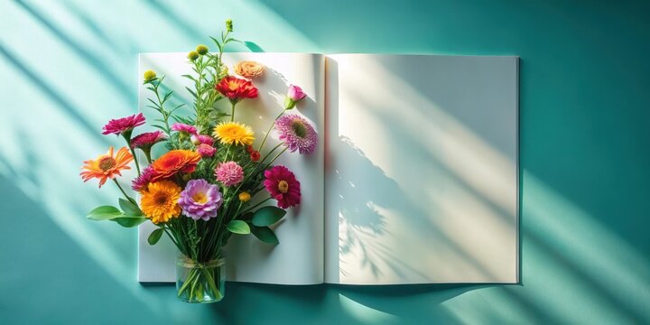 Colorful flowers and leaves cast intricate shadows on a modern magazine mockup with a customizable background, creating a visually appealing design element , design, flower