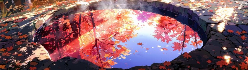 Tranquil Autumn Scene with Colorful Leaves Reflected in a Serene Hot Spring Surrounded by Nature's Beauty and Subtle Steam Rising Above
