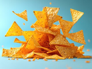 Crispy tortilla chips in mid-air, falling onto a pile. Perfect for food, snack, or party themes.