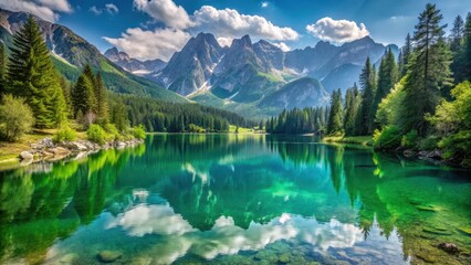 Fototapeta premium serene alpine lake surrounded by towering mountain peaks and lush greenery, tranquility, peaceful, tranquility