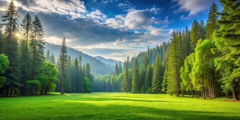 A serene forest landscape with a lush green meadow and towering trees in the background, forest, serenity