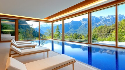 Fototapeta premium Modern indoor pool with mountain views, promoting relaxation and leisure.