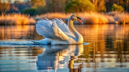 Fototapeta premium A swan swims gracefully across the lake's surface, creating ripples that spread out in all directions as it moves its neck and wings , swan lake wildlife nature bird swim movement, aquatic life