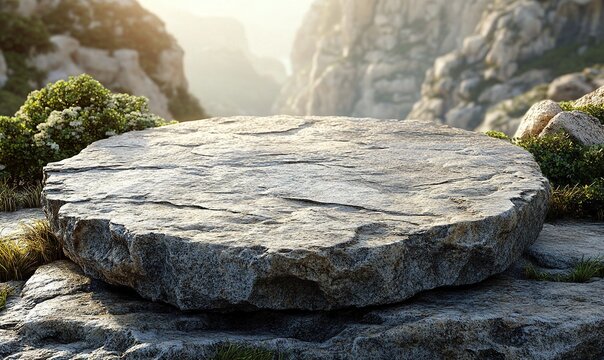 A large, flat stone table set in a natural landscape with rocky formations and greenery.