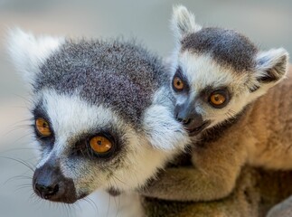 Ring-tailed lemur mother and baby close-up.