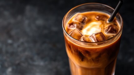 A close-up of iced coffee with cream swirling in a glass.