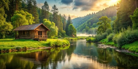 Fototapeta premium A serene and idyllic landscape with a wooden cabin nestled among lush greenery, surrounded by towering trees and a meandering river in the background, forest, natural beauty