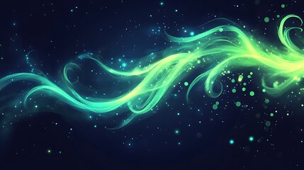 Abstract Green Glowing Waves and Sparkling Dust