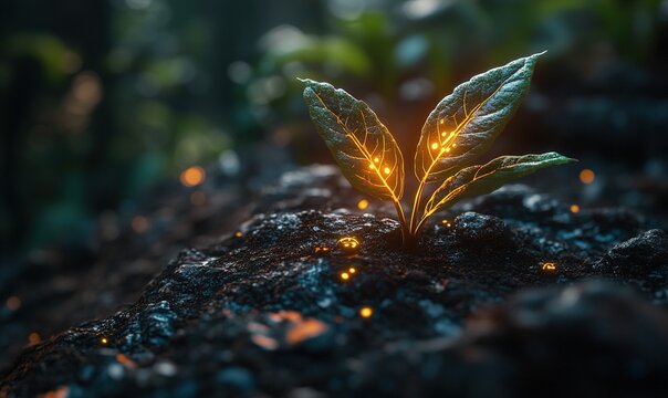 A glowing plant sprouting from dark soil, symbolizing growth and renewal in a lush environment.