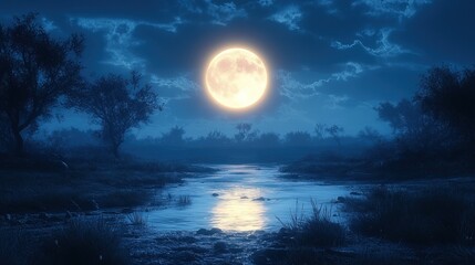 Naklejka premium A serene night scene featuring a full moon reflecting on a calm river surrounded by trees.
