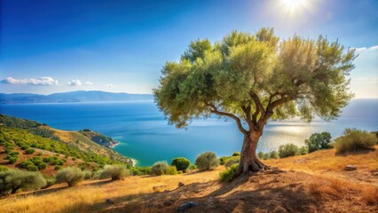 Obraz premium Eine olivenbaum im mediterranen Landschaft mit sonnigen h?geln und blauen see, hillside, olive tree in mediterranean landscape with sunny hills and blue sea