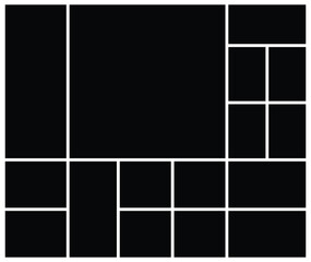 Black empty photo collage grid template. Picture texture background for presentation. Moodboard template for wall display.