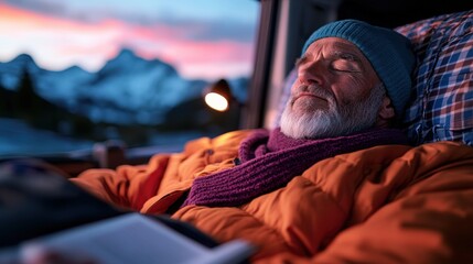 Fototapeta premium This image features a senior man enjoying a quiet moment reading inside a cozy vehicle, with beautiful mountains and a colorful sunset visible outside, exuding calmness and nostalgia.