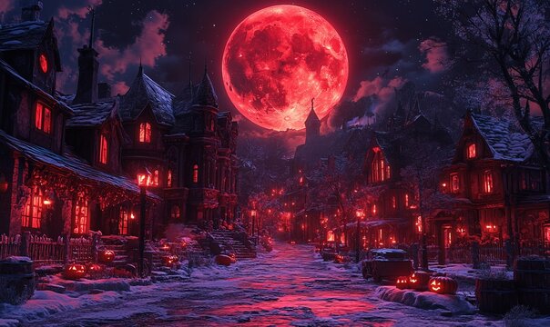 A dark, atmospheric village under a large red moon, creating an eerie and mystical ambiance.